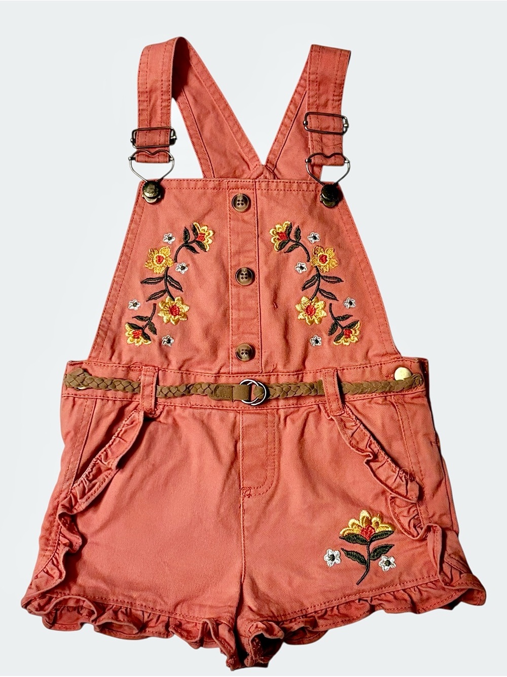 Girls Floral Embroidered Shortalls Sz 5 Terracotta Pink Denim Ruffle Hem Romper